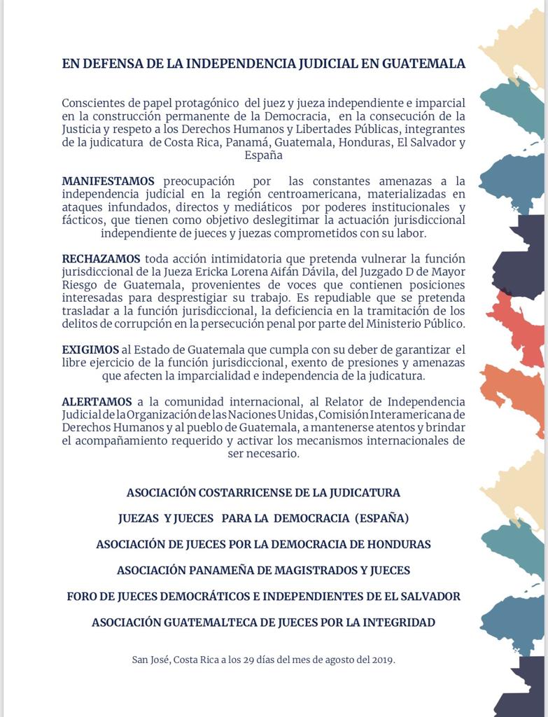 Asociaciones de Centroamérica se manifiestan en apoyo de la independencia judicial y de la jueza de Guatemala Erika Lorena Aifán Dávila.