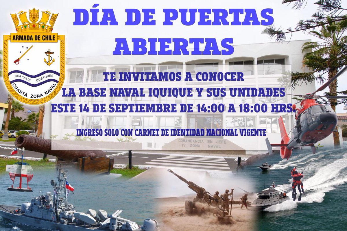 Armada_IVZN's tweet photo. Recuerda que este sábado 14 de septiembre entre las 1400 y 1800 horas abrimos las puertas de la Base Naval de Iquique para que conozcas las dependencias y unidades de la Cuarta Zona Naval. 
TE ESPERAMOS
@Armada_Chile @HombredeRadio @EsDeIquiquenos @soyiquique https://t.co/gJHQ1lc8zL