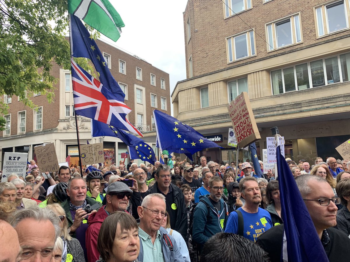 CarolineVoaden's tweet photo. Huge crowd in Exeter this morning. No doubt that people are angry and genuine cross party determination to #StopTheCoup 

Johnson has no mandate for his dangerous #NoDealBrexit and together we will stop it. 

#ResistUK #LibDems #LibDemMEPs https://t.co/2WHsHXAe1E