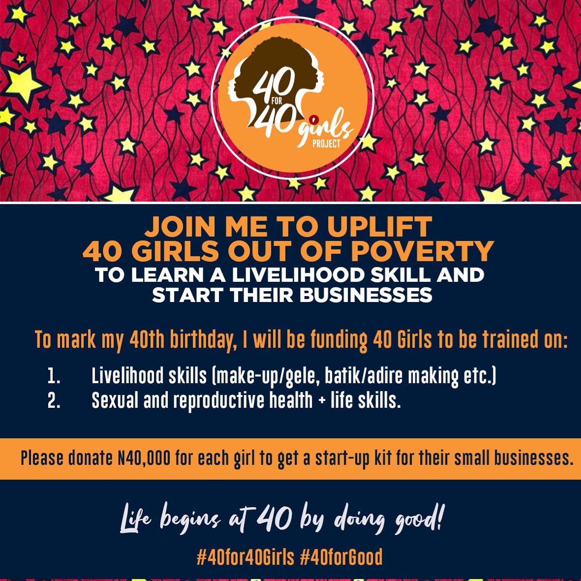 adeola_olunloyo's tweet photo. It's going to be #40for40girls EXTRA! Family & friends in #Nigeria & abroad have donated funds for 48 girls. Our new target is now 50! Please donate! #40forGood, #socialgood, #timeforgirls, #girlsmatter, #Lagos, #Nigeria https://t.co/PeBKpXCCPQ