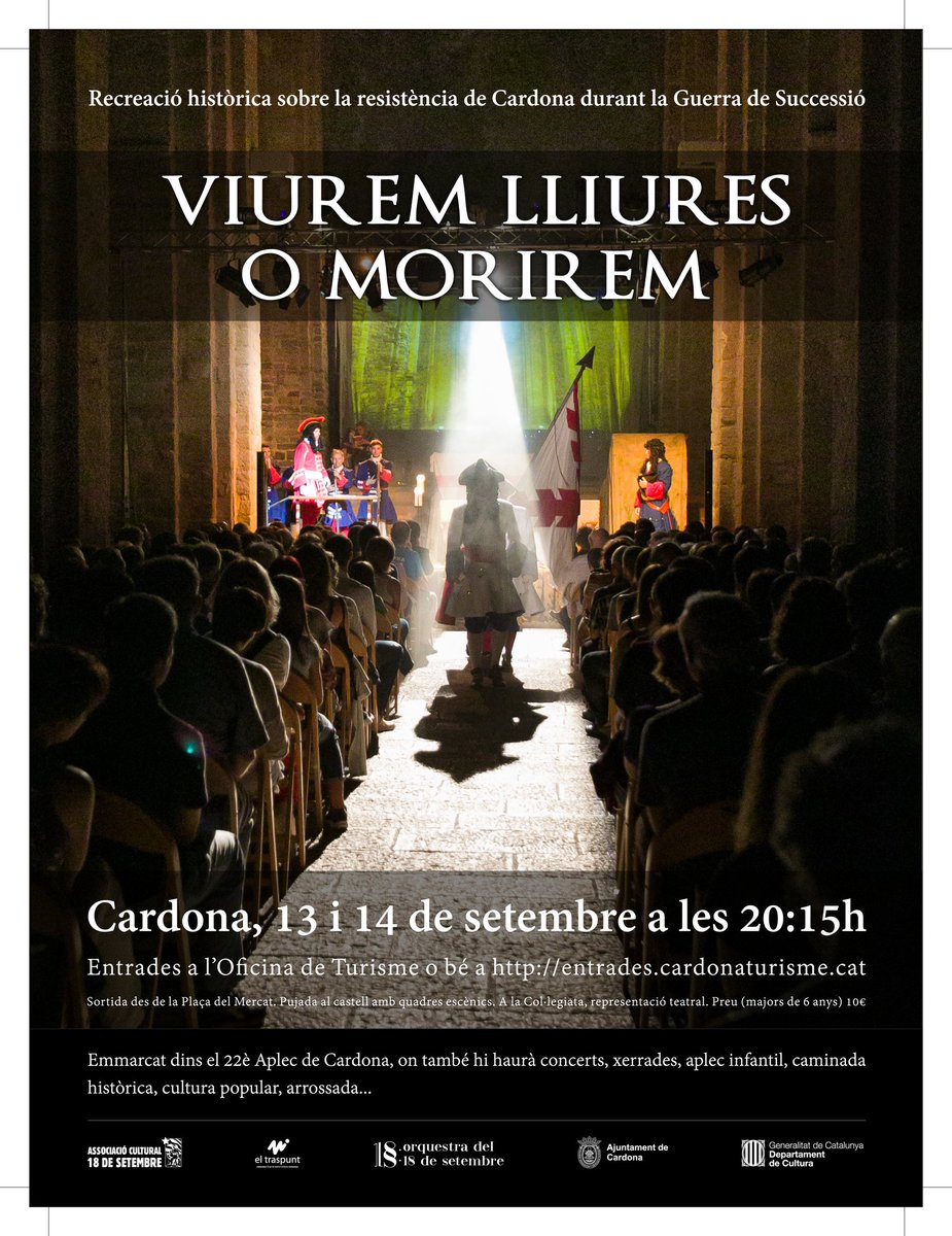 eltraspunt's tweet photo. 🏴VIUREM LLIURES o MORIREM!
El gran espectacle de la resistència de la Fortalesa Inexpugnable. Enguany amb un nou i sorprenent muntatge audiovisual.
📌 Entrades a la venda a:
https://t.co/zTfXHjTvCX
#Cardona #18desetembre https://t.co/vyXvEpXXW3