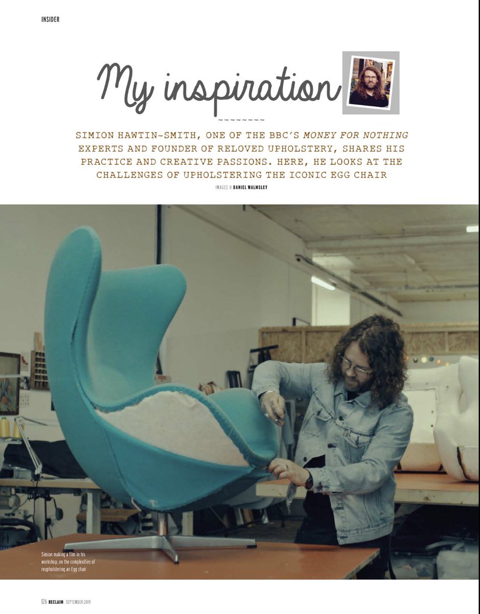 relovedsimion's tweet photo. Have you picked up the latest copy of @RECLAIMmagazine yet? In my column this month read all about the challenges of upholstering the iconic Egg chair. Also available to download from @Pocketmags #reclaimmagazine #simionhawtinsmith #moneyfornothing https://t.co/sKibblWr9z