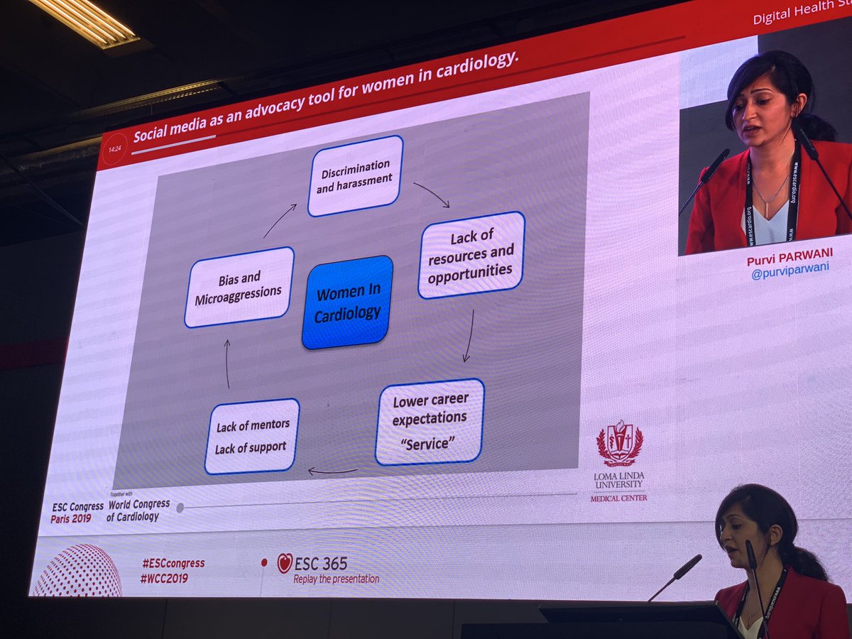 #ESCCongress @purviparwani with a superb thought provoking talk about the challenges faced by #WIC about the second shift, leakypipeline, sexual harassment and how #SoMe can change this @HeartDocSharon @avolgman @DrMarthaGulati @gina_lundberg @iamritu @avolgman @mirvatalasnag