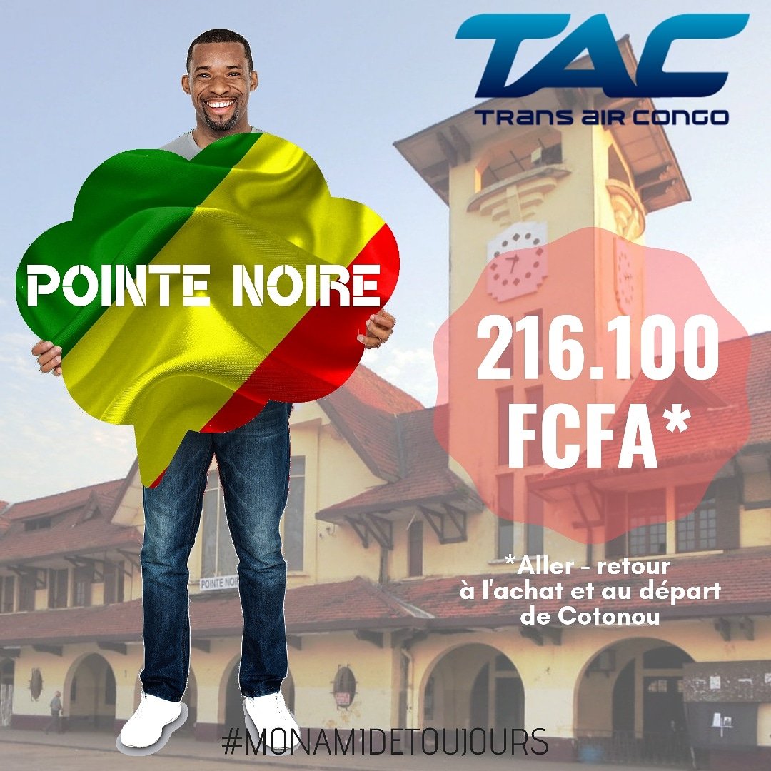 transaircongo's tweet photo. Pointe noire en promotion à 216.100 FCFA en aller et retour à l'achat et au départ de Cotonou.

#Tac #Transaircongo #monamidetoujours #promotion #cotonou https://t.co/73x0Mgb5bF