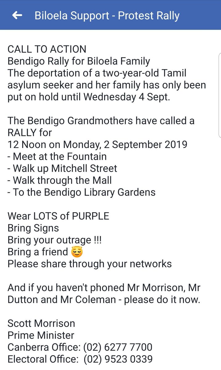 CV4Refugees's tweet photo. BENDIGO CALL TO ACTION
12PM AT THE FOUNTAIN
WEAR PURPLE
#Biloela #backtobilo
#FathersDay #Bilo #DuttonIsAMonster @rar_australia
@BgoAddy @nicoleferrie
@amassedmedia @iheartbendigo @ASRC1
@Asher_Wolf
https://t.co/IbRT97kI0q https://t.co/5vIVRDxbw0