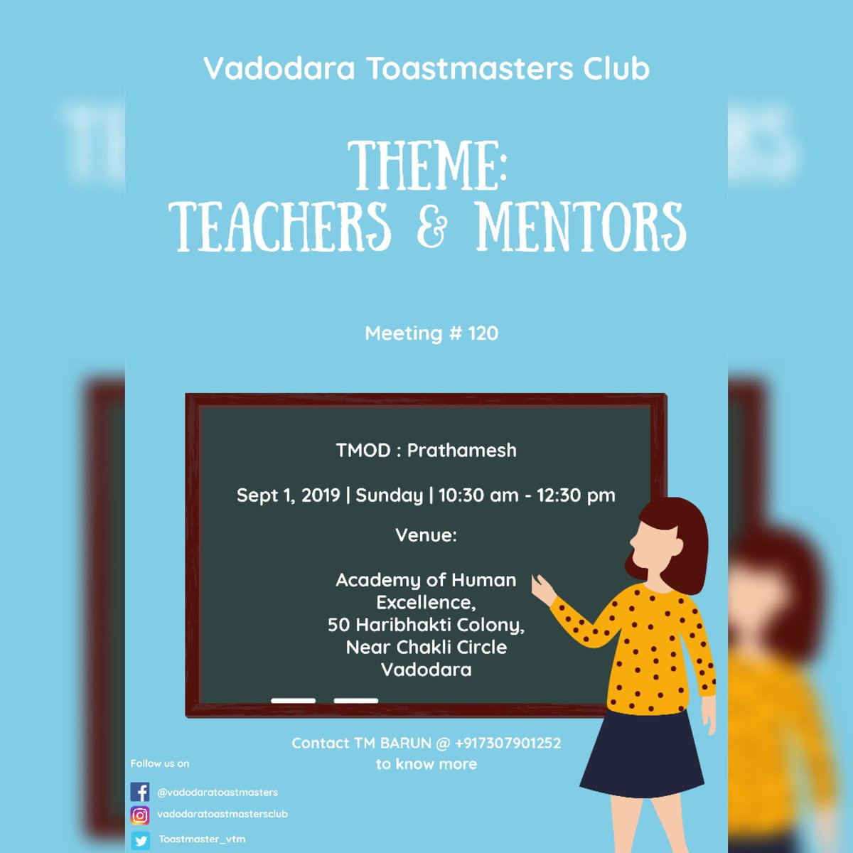 Toastmaster_vtm's tweet photo. Join this Sunday for Meeting # 120

Visit the link below for more details
https://t.co/DtzmhFSwuv

#publicspeaking #toastmasters #Vadodara #District98 #d98 https://t.co/2ZgMuI4LXl