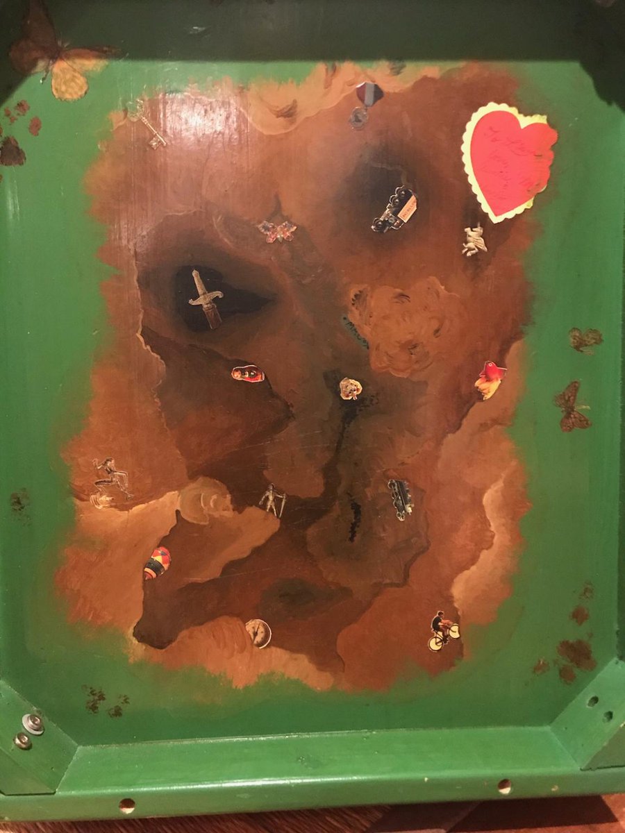 strvngrtst's tweet photo. over &amp; over, these ideas reoccur in my work: hiding 'clues', creating games, symbolism, #ArtAdrift- all fuel my creative fires. my 1st real attmpt 2 create my own intrprttn of this was ~12 yrs ago when I painted a table/chair for my godson #StayTuned #SecretsAndJewels #mixedmedia https://t.co/m9DJgSJwPO