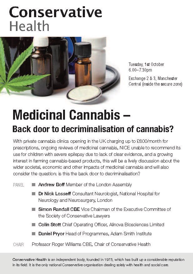 conservhealth's tweet photo. Come and see us at the #conservativeconference 1st October 6 pm Exchange 2 & 3 Manchester Central (inside secure zone) #medicinalcannabis - back door to decriminalisation of cannabis? @conservhealth https://t.co/0xSX23mlkS