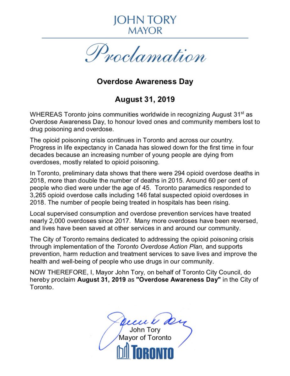JohnTory's tweet photo. Today is Overdose Awareness Day in the City of Toronto. Drug overdoses claimed the lives of 294 Toronto residents in 2018 and we are committed to addressing this emergency through the Toronto Overdose Action Plan. Read my proclamation here: https://t.co/Qevl2SP8x5