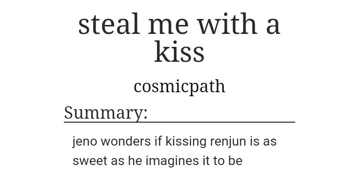 steal me with a kiss

჻ by cosmicpath
჻ 1k
჻ roommates au
჻ fluff, friends to lovers, first kiss
჻ complete 

archiveofourown.org/works/20188675