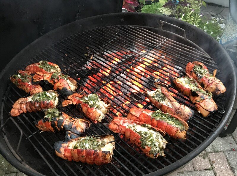 lowslowbbq's tweet photo. The Bride requested grilled lobster tail for her retirement dinner, her wish is my command. Dinner for 4 including hummus and mushroom risotto. Champagne courtesy of Jan B. #lowslowbbq #countmeafan #homecooking https://t.co/Yb8Nwuv4Ul