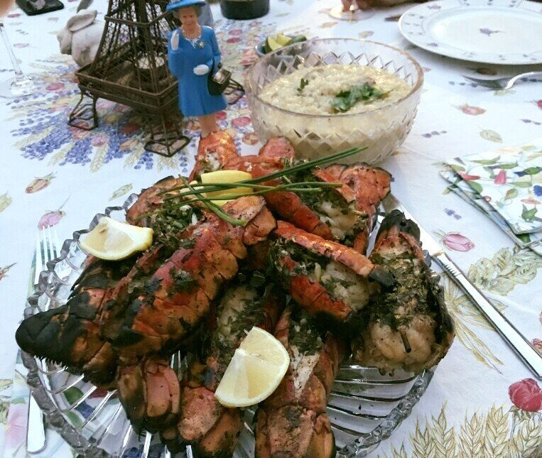 lowslowbbq's tweet photo. The Bride requested grilled lobster tail for her retirement dinner, her wish is my command. Dinner for 4 including hummus and mushroom risotto. Champagne courtesy of Jan B. #lowslowbbq #countmeafan #homecooking https://t.co/Yb8Nwuv4Ul