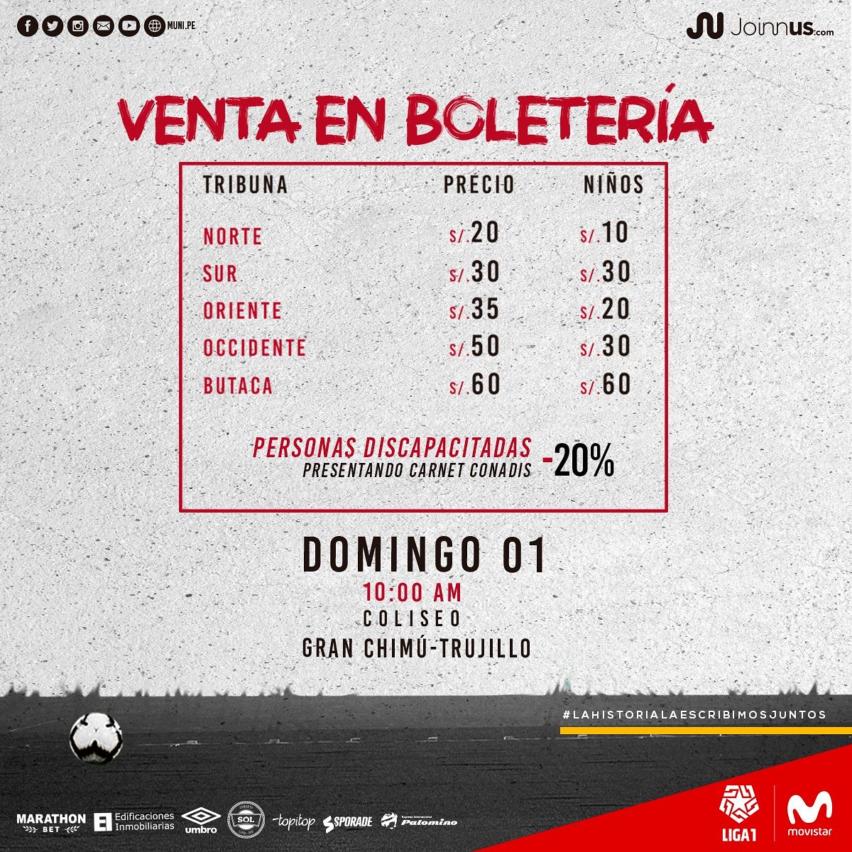 CCDMunicipal's tweet photo. #CDMvsAL
Este Domingo nos enfrentamos a Alianza Lima por la Liga 1 Movistar y queremos sentir todo el apoyo de la hinchada Edil.
⚽ Compra tus entradas en boleterías!.
#EchaMuni
#lahistorialaescribimosjuntos https://t.co/QZ5RekunRn