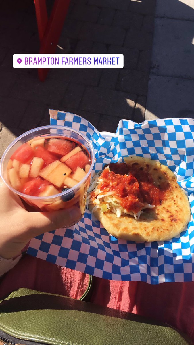 estherkatzman's tweet photo. Eating delicious pupusas and getting geared up to watch @Suresh hit the stage at the @CityBrampton Farmers Market - this is my happy place. #InGardenSquare https://t.co/ddicq26sXU