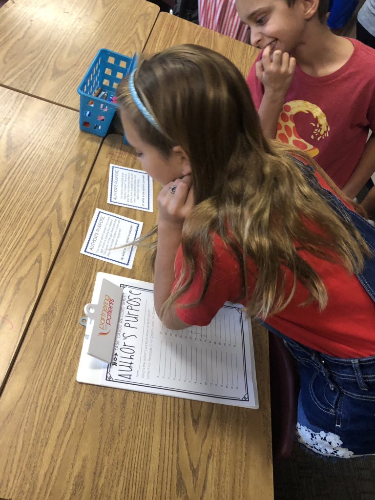 Schreyer4th's tweet photo. Getting them up and moving while practicing their skills of identifying Authors Purpose with task cards all around the classroom😎#extraordinary #readingrocks @4th_legend @LegendSprings @DVUSD https://t.co/8ojEPpzE08