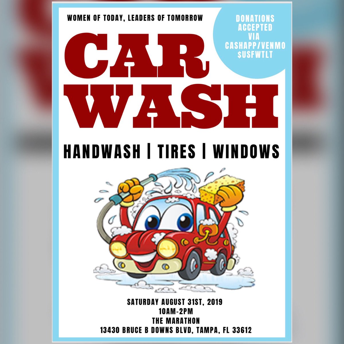 usfwtlt's tweet photo. 🗣Happening NOW let the lovely ladies of W.T.L.T clean your car🚗 💦
From 10 AM - 2 PM at the Marathon on Bruce B Downs &amp; Fletcher.  Donations Only ( Cash App &amp; Venmo $USFWTLT) We hope to see you there😉! #USF23 #USF22 #USF21 #USF20 #USF19 https://t.co/7dBv6nMltZ