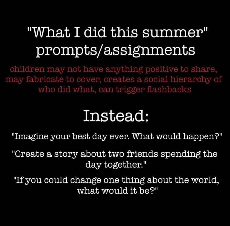 Like so many well-intentioned teachers, I’m guilty of asking this question on the first day of school.  Never quite looked at it this way #shiftingperspective #BackToSchool2019