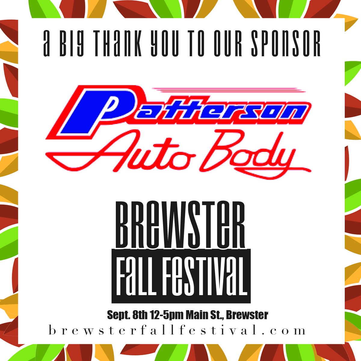 Brewster Fall Festival is only one week away! A BIG thank you to our latest  sponsor, Patterson Auto Body, for providing the equipment to stage all the band performances taking place near the Brewster Train Station. #BFFNY2019 #BrewsterFallFestival #FamilyFriendly #BrewsterSpirit