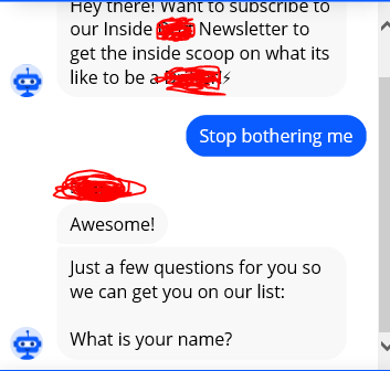 celwell's tweet image. Artificial ignorance. Chatbots still have a long way to go. Name of the platform obscured to protect the lame. Click the image to see the whole exchange.