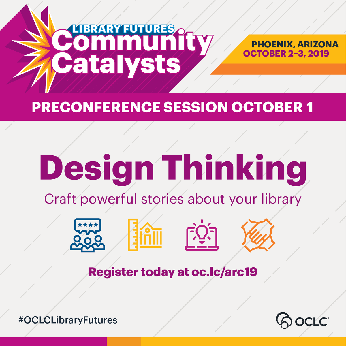 OCLC's tweet photo. Do you struggle to tell impactful stories about the great work you do in your communities? Register for the #OCLCLibraryFutures "Design Thinking" preconference to learn how to implement design principles/techniques to better communicate value.
#OCLCARC19
https://t.co/wCPCEj8TMv https://t.co/hOjTODVdcv