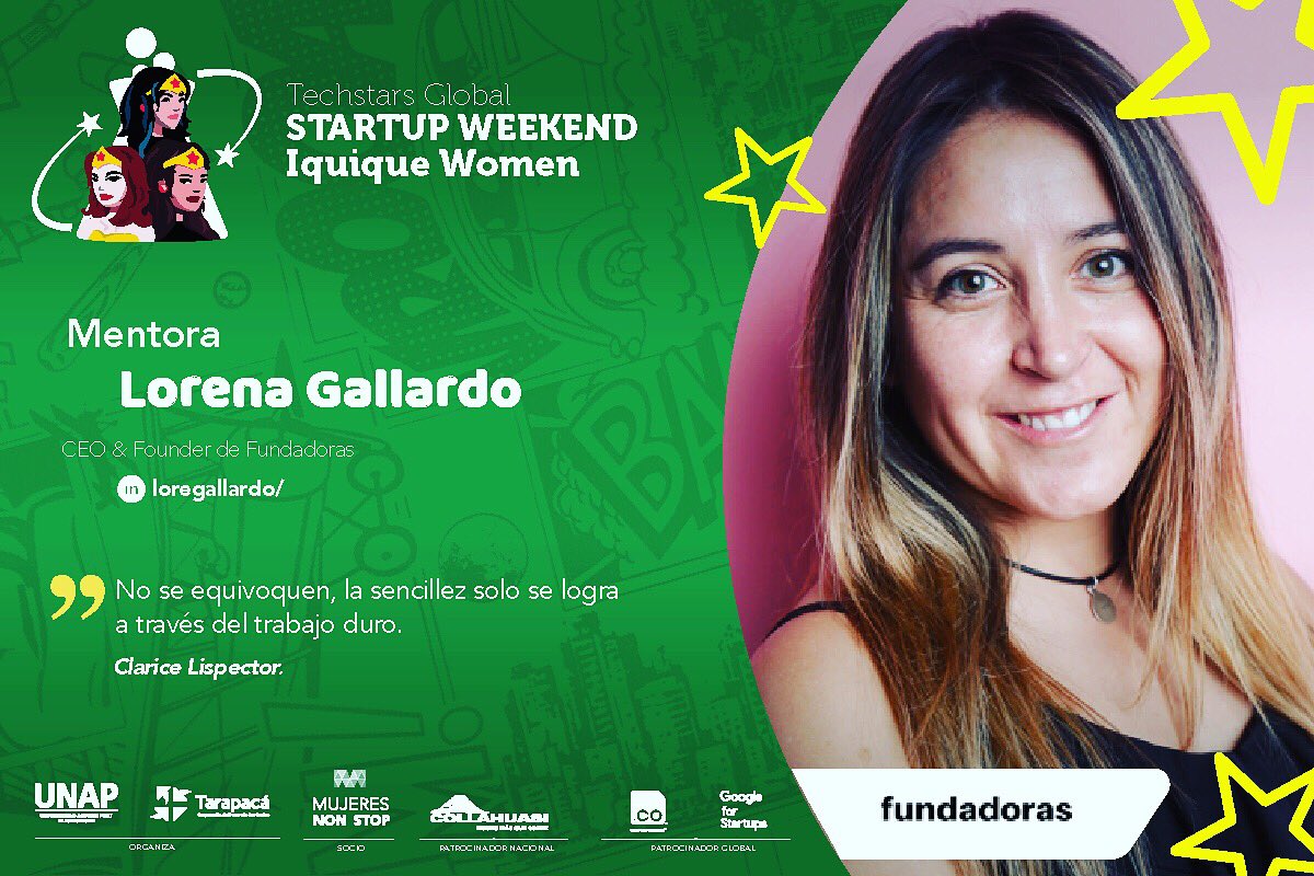 swiqq's tweet photo. Mejor hecho que perfecto....🥰MENTORA....CONFIRMADA‼️

👩🏼‍🏫☕️Lorena Gallardo
CEO &amp; Founder de Fundadoras

🚀Global Startup Weekend Iquique Women...ven y participa para representar a Chile en el ✈️ 🌎Global Mujeres💃🏼 de 🌇Singapur🇸🇬

Tus tickets en 👉 https://t.co/UgZdUhNB8P https://t.co/DKRBgyHG9F