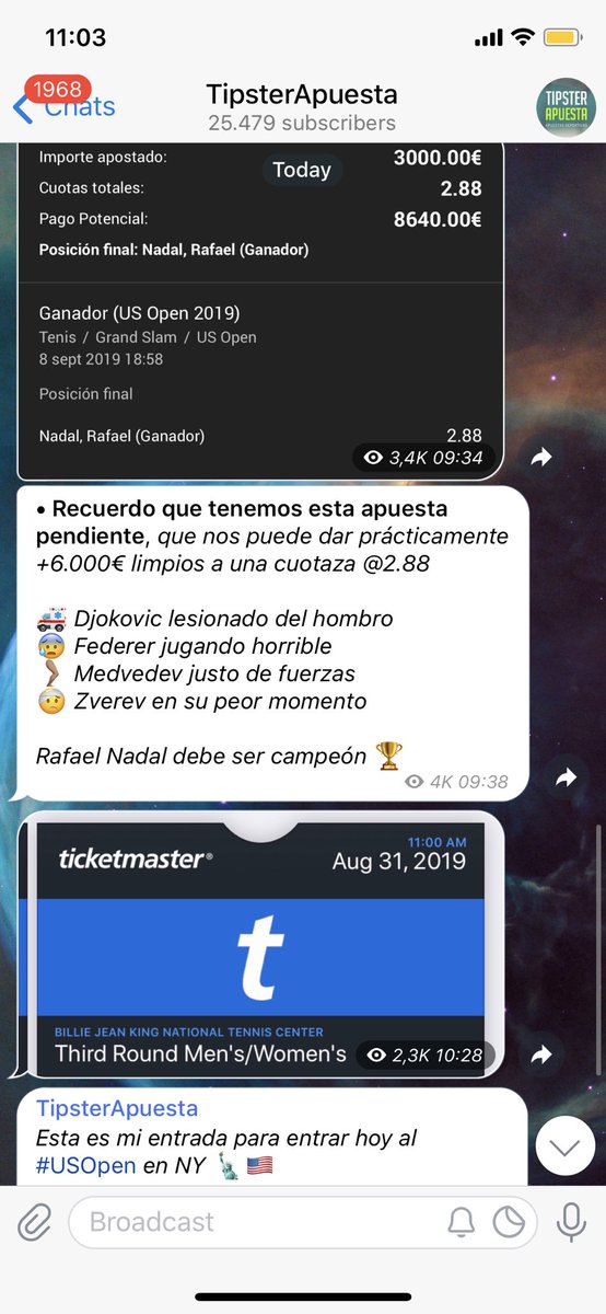 TipsterApuesta's tweet photo. He publicado 3 apuestas de 10.000€ para esta tarde en el #USOpen 

Podéis verlas en mi canal gratuito de telegram:
👉🏾 https://t.co/TNtndLeEiT

🗣 Si este tuit llega a [ 500 RT ] compatiré otra apuesta más de 3.000€

Si veo que esto tiene apoyo, seguiré compartiendo todo gratis https://t.co/dG1slqyoYr