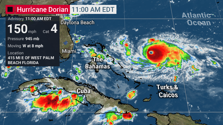 weatherchannel's tweet image. Hurricane #Dorian has reached 150 mph, almost a Category 5. The cone has now shifted eastward, but this storm is still headed straight for The Bahamas.