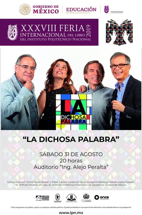 Lauentuiter's tweet photo. Ya toca volver a decir...

¡¡DICHOOSOS DÍAAASS!!

Hoy @Ladichosa22 transmite en vivo desde el hermoso auditorio Alejo Peralta del @IPN_MX. Y nos encantaría llenarlo de palabras. ¿Te animas a traer las tuyas?
20h, entrada libre.
Si no puedes llegar, @Canal22, streaming o FB Live. https://t.co/95y8Z42Rju