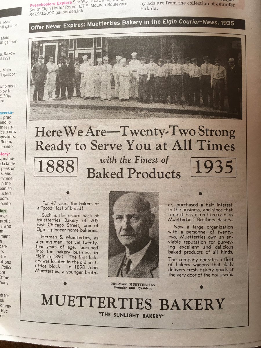 rwagnerful's tweet photo. Bravo Magazine runs old ads from old Elgin businesses. Hereβs one from the @couriernews in 1935 for Meutterties Bakery. A ghost sign exists to this day in the alley behind @RedscvrRecords. This would have been their loading dock. #BravoMagazine #bravomag https://t.co/KoYR8IXI4y