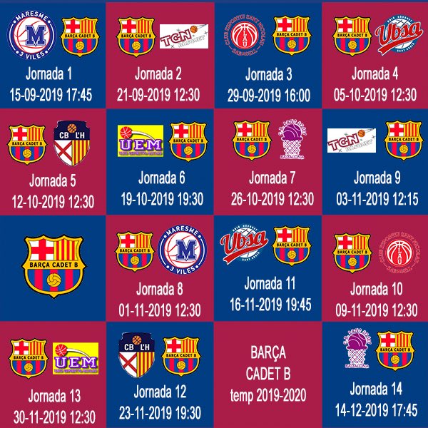 Calendari Barça Cadet B /C.C Cadet Masc.Preferent (Primera Fase)Temp 2019-2020
#Barça #2005generation #FCBBasquet #CadetB
🔵🔴ForçaBarça!