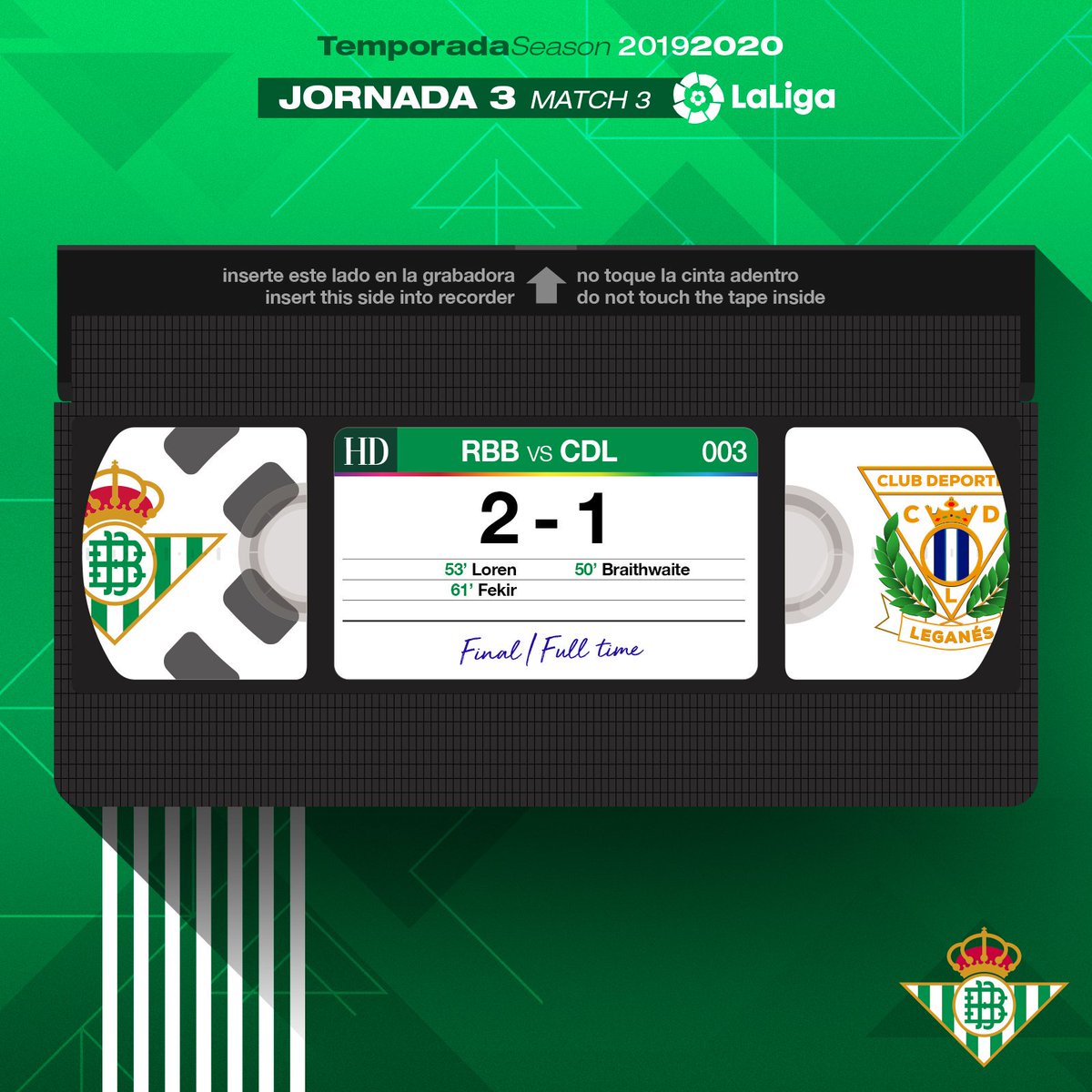 RealBetis's tweet photo. 96' ⏱⚽️ ¡¡¡FINAAAAAAAL!!! 👏👏👏 ¡Final del partido con victoria verdiblanca en el Benito Villamarín! 😃 

💚⚪️ #RealBetisLeganés 2-1 🔵⚪

#DíaDeBetis https://t.co/8xqFdUJFZn