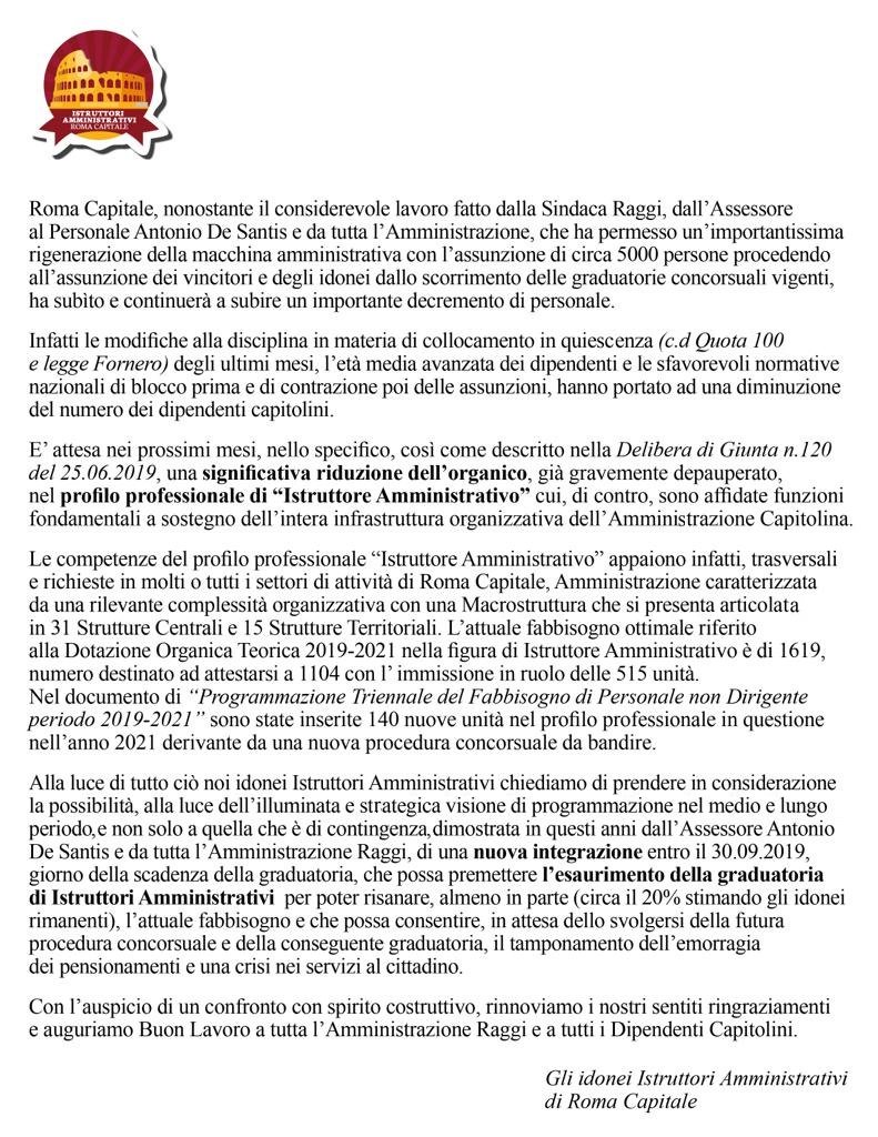 IstrutAmminRoma's tweet photo. #30giorni alla scadenza.
Noi #idonei #istruttoriamministrativi  @Roma con questa lettera aperta chiediamo a @virginiaraggi @antoniodesant21 un'integrazione nell’ottica di un dialogo costruttivo e trasparente.
#esaurimentograduatorIA
#finoallultimoidoneo 
#PROROGAGRADUATORIETUTTE https://t.co/pvEITfmL67
