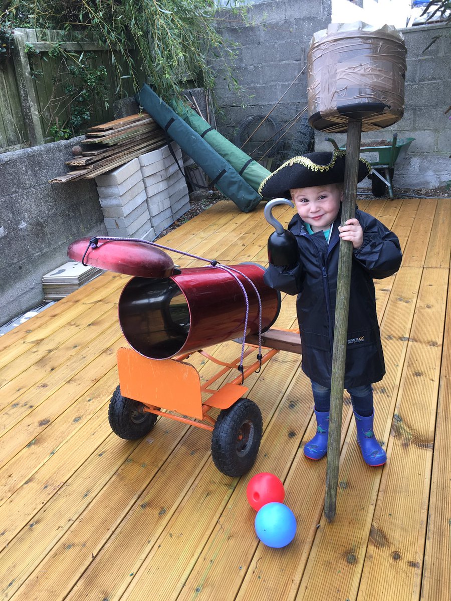 Nice one Toby. It’s great being a Grandad. Here’s my four year old grandson on a wet day earlier this year when we made a pirate cannon from an old bin and sack trucks. I guess you had to be there! C’mon let’s see Grandkids projects and fun!
#GrandadsRule