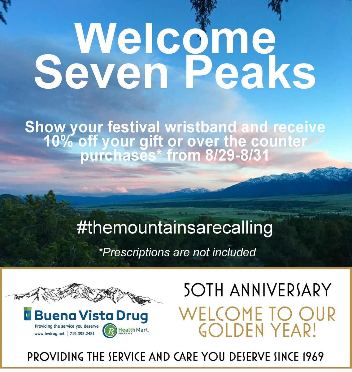 buenavistadrug's tweet photo. It's not too late to pick up your sunscreen, allergy medications, or BV souvenirs! 

Receive 10% off on your gift, souvenir and over the counter purchases. Show your #SevenPeaks festival wristband to receive your discount. 

#themountainsarecalling #shoplocal
@SevenPeaksFest https://t.co/M9bTIp7MOz