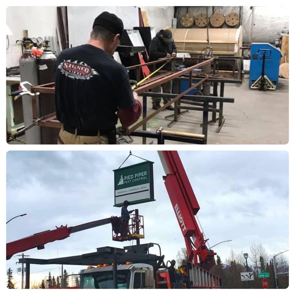 SignCoAlaska's tweet photo. From the our shop floor to installation, our crew gets the job from beginning to end! Local supporting local, thank you #PiedPiperPestControl 😎

For statewide maintenance, installation and sign fabrication call #SigncoDave 907-338-7446

#AlaskaMade #Alaska #Signs https://t.co/NyFU4m6hyW