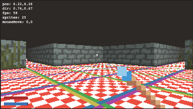 Floor textures! I've been fighting with this for hours now, and finally cracked it. It was an interesting challenge, my first naive attempt tanked the fps to 10, but after a crash course in ImageData and Uint8ClampedArrays i've got a silky smooth 60fps again #js13k