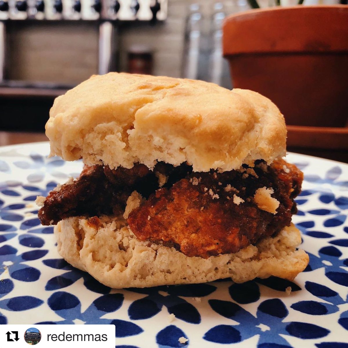 Happening now at <a href="/redemmas/">Red Emma's</a>...all #vegan chicken biscuit sandwich! #flakyveganbiscuits