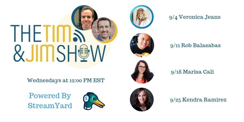 FuhsionMktg's tweet image. What a great first year we had on #TheTimAndJimShow

September kicks off year number 2 and we have another dynamic lineup of guests!  Keep up with us on all the platforms to find out more about each week's show and guests.

Also, look for me at #MICDC on #LinkedInLive