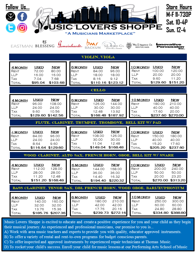MusicLoversShop's tweet photo. #MusicLoversShoppe Band &amp; Orchestra Instruments...

Check out our #Rental Program Pricing!

Mention this AD - Receive $5 OFF Supplies!!!

#Flute #Clarinet #Trumpet #Trombone #AltoSax #TenorSax #Violin #Viola #Cello #BellKit #Oboe #BassClarinet #Bari #Euphnium #FrenchHorn #Greece https://t.co/ngSuBMESl3
