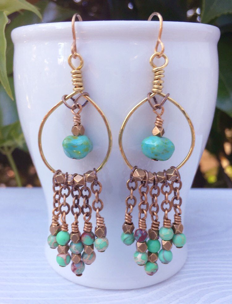 Proud to say I hand forged these hoops myself! Green Aqua Terra Jasper, Czech glass, and brass chandelier hoop earrings, just listed!
#jasperearrings #fallearrings #etsy #chandelierearrings #bohofashion 
etsy.me/34irR4L