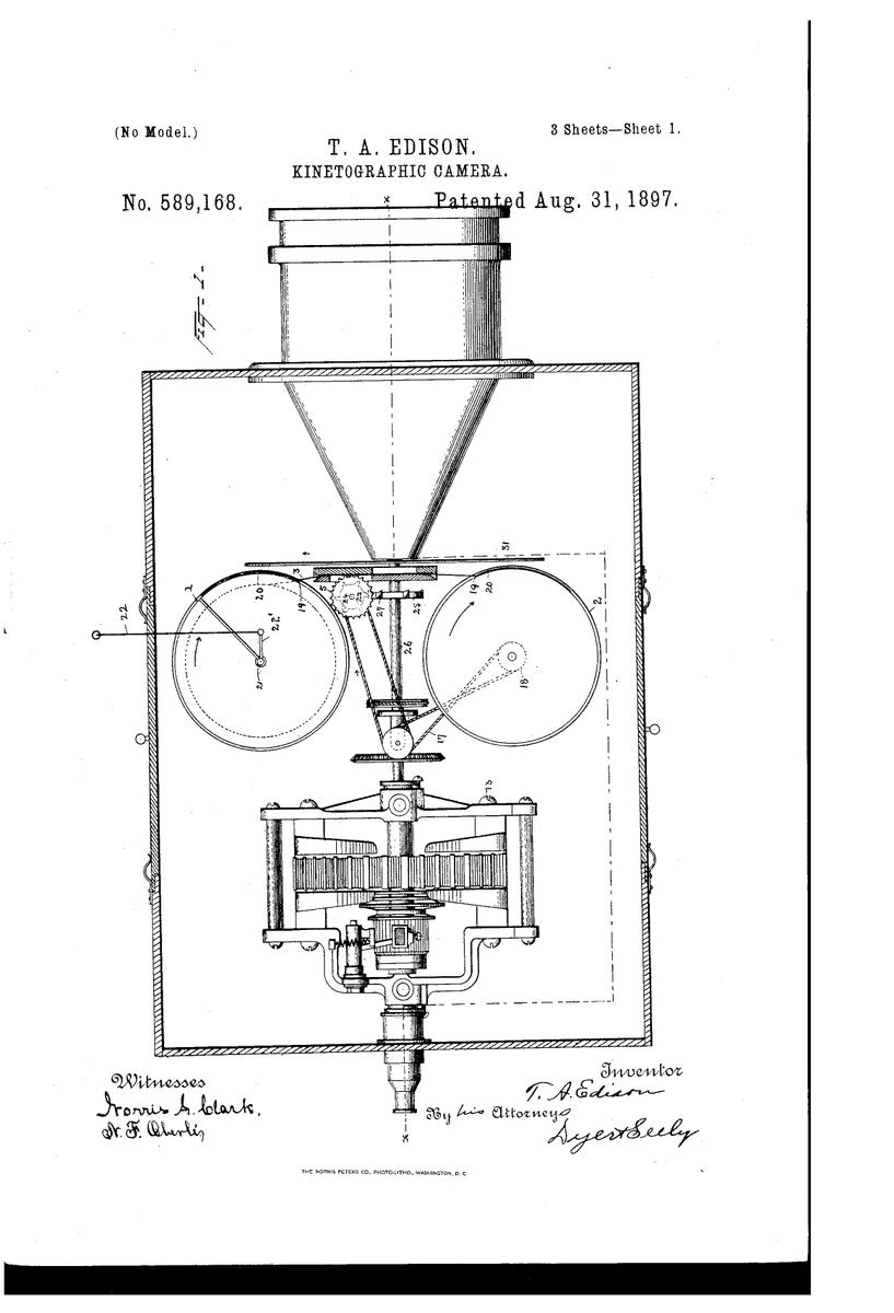 UIEngLib's tweet photo. #OnThisDayInHistory 8/31/1897 Thomas Edison received a patent for his Kinetograph - his movie camera!! You can find info about patents & how to find them on our website! #UIEngLib #Patents https://t.co/GQIWMWkw3A https://t.co/sJ466YF81Z