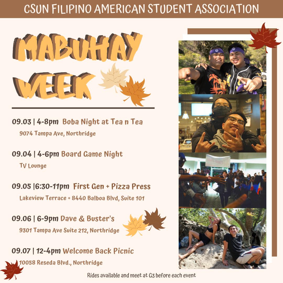 csunfasa's tweet photo. We want to wish a warm welcome to our members, new and OG, by inviting you all to our Mabuhay Week events! Rides will meet at G3 &amp; if you can’t make it to these, don’t worry! Come talk to us at table 9 of CSUN’s “Meet the Clubs” on Tues and Wed for our deets! Mabuhay! 👋🏻👋🏼👋🏽👋🏾👋🏿 https://t.co/CAyDhpRgv0