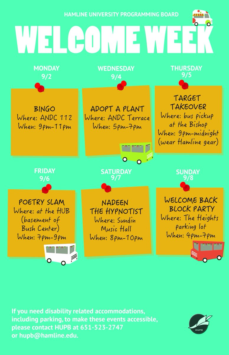 HUPB1's tweet photo. Join the Hamline programming board for a week of fun as we kickstart the new school year #Pipers #Hamline https://t.co/Yzfyigt3TQ