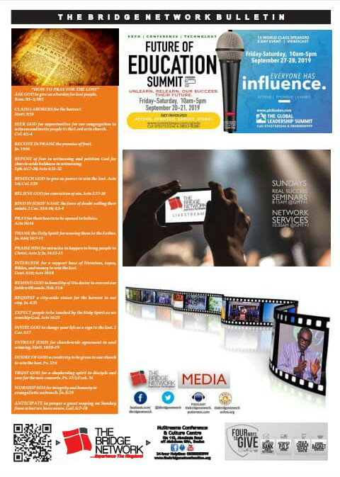 dbridgenetwork1's tweet photo. @FrancisMadojemu @AFUNMILOLA @Oluwarantimisi3 @seunopadare @segunakredot @IbYIf @pacqueens @Babatunde_300 @babateye The Bridge Network, Bulletin 1st of September, 2019. Have a great Sunday and week ahead 
#TBN #OutstandingLife&amp;ServiceTransformingOurWorld https://t.co/eI4OoKuZKo