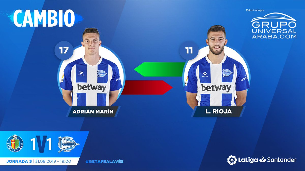 Alaves's tweet photo. 67' ⏱️ | 1-1

🔄 Primer CAMBIO en el partido

#GetafeAlavés #GoazenGlorioso 🔵⚪️🔵 https://t.co/u4FupkpT2F