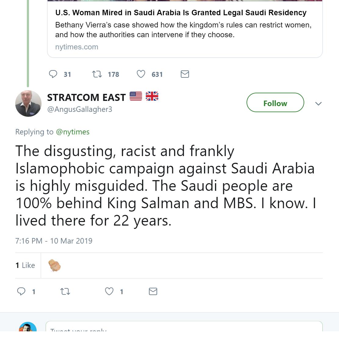 Why this Middle-aged white man with a lilac shirt would have such strong opinions on the region was unclear. However, as he detailed in his bio, he had lived in Saudi for 22 years - so he clearly had some sort of allegiance. Also, as the flags indicate, he loved the US and UK