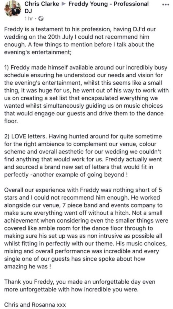Freddy_Young13's tweet image. What an amazing year it has been so far with weddings, parties, letter and number hires and reviews like this 
Freddy Young - Professional DJ is your one stop shop for DJ’s, Love Letters, Led Numbers, Dance Floors and a 5 star service #DJ #LoveLetters #LedNumbers #Wedding
