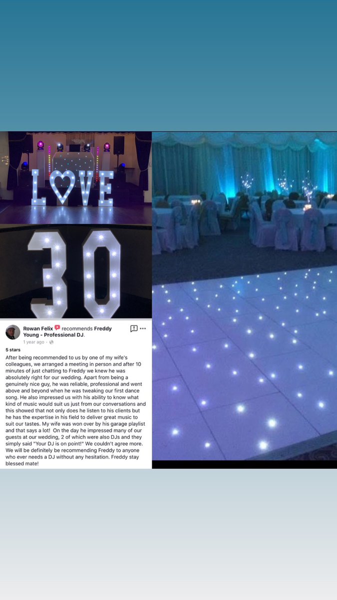 Freddy_Young13's tweet image. What an amazing year it has been so far with weddings, parties, letter and number hires and reviews like this 
Freddy Young - Professional DJ is your one stop shop for DJ’s, Love Letters, Led Numbers, Dance Floors and a 5 star service #DJ #LoveLetters #LedNumbers #Wedding