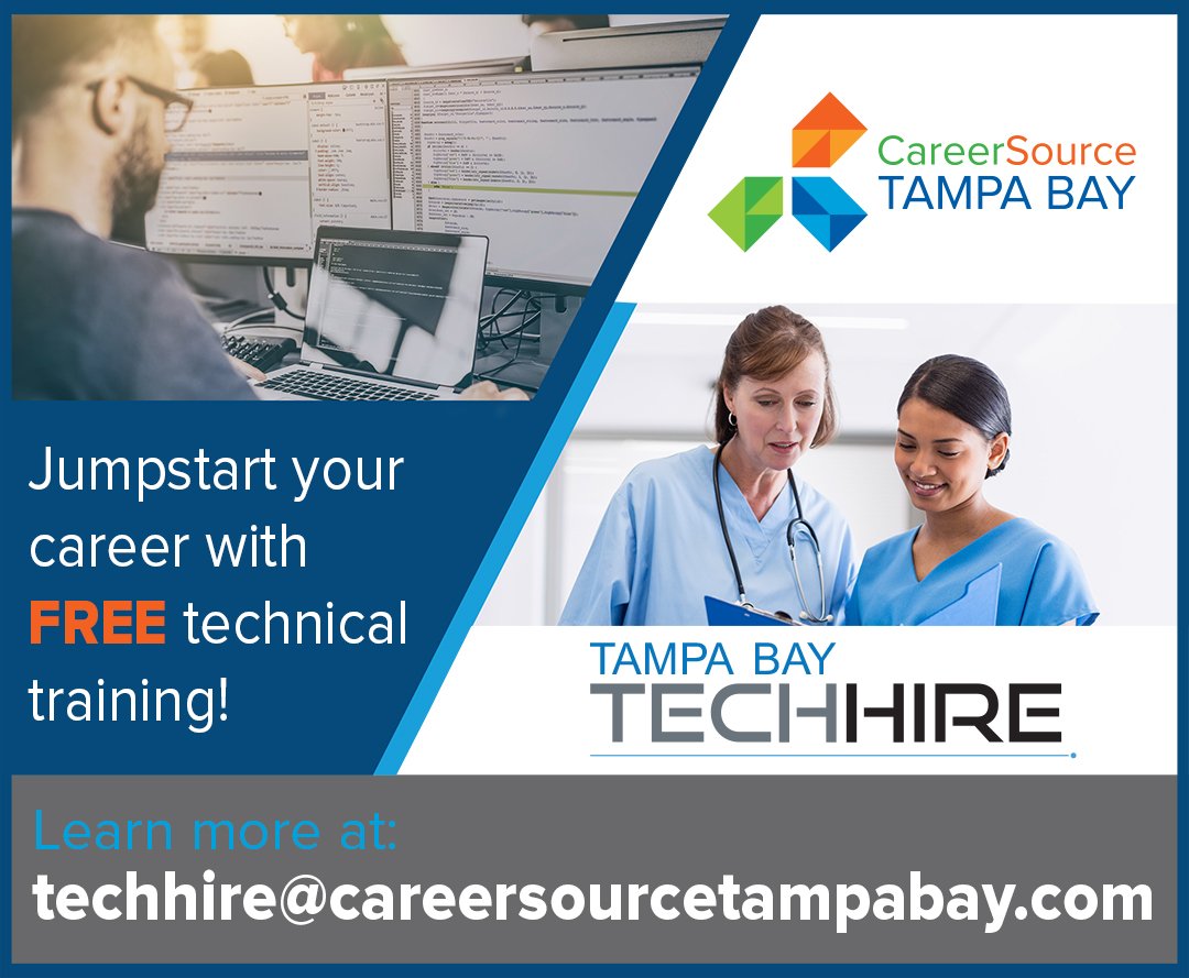 TB_Intern's tweet photo. Are you interested in the IT or Healthcare field? Look no further! 

TechHire offers FREE accelerated training programs! For more information visit: https://t.co/bdLm1hmdh9 or call India Stallings at (813) 397-2059 for more information. https://t.co/P9rGJBaxLD