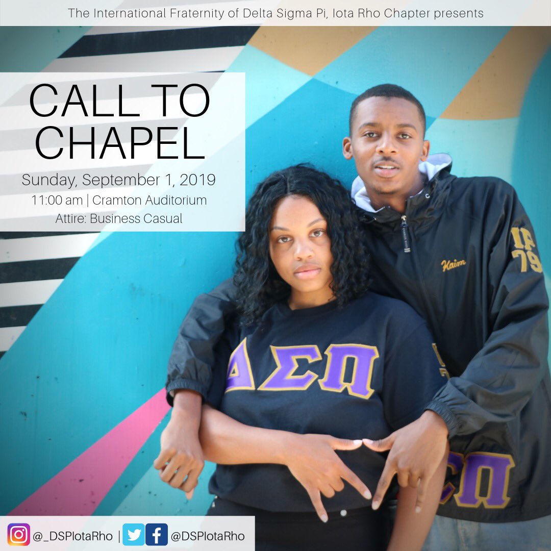 dspiotarho's tweet photo. The Time is Now. Our Fall 2019 Recruitment week begins tomorrow with a Call to Chapel. Come out to hear more about what we have in store! 

—

#DSPIP #DSPIotaRho #TheTimeisNow #KeepingBusinessintheBlack #IotaRho #Fall19 #HU23 #HU22 #HU21 #HU20 https://t.co/P6fjeQIPfF